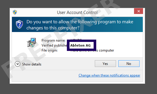 Screenshot where Ableton AG appears as the verified publisher in the UAC dialog